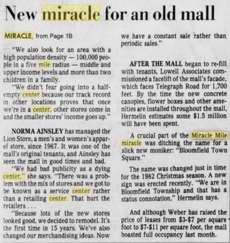 Miracle Mile Shopping Center - 1983 Article On Name Change To Bloomfield Town Square